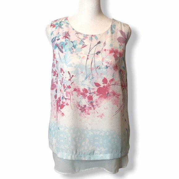 Rose & Olive M Blouse White Sleeveless Sheer Layered Pink Blue Floral Flowy - Picture 1 of 9